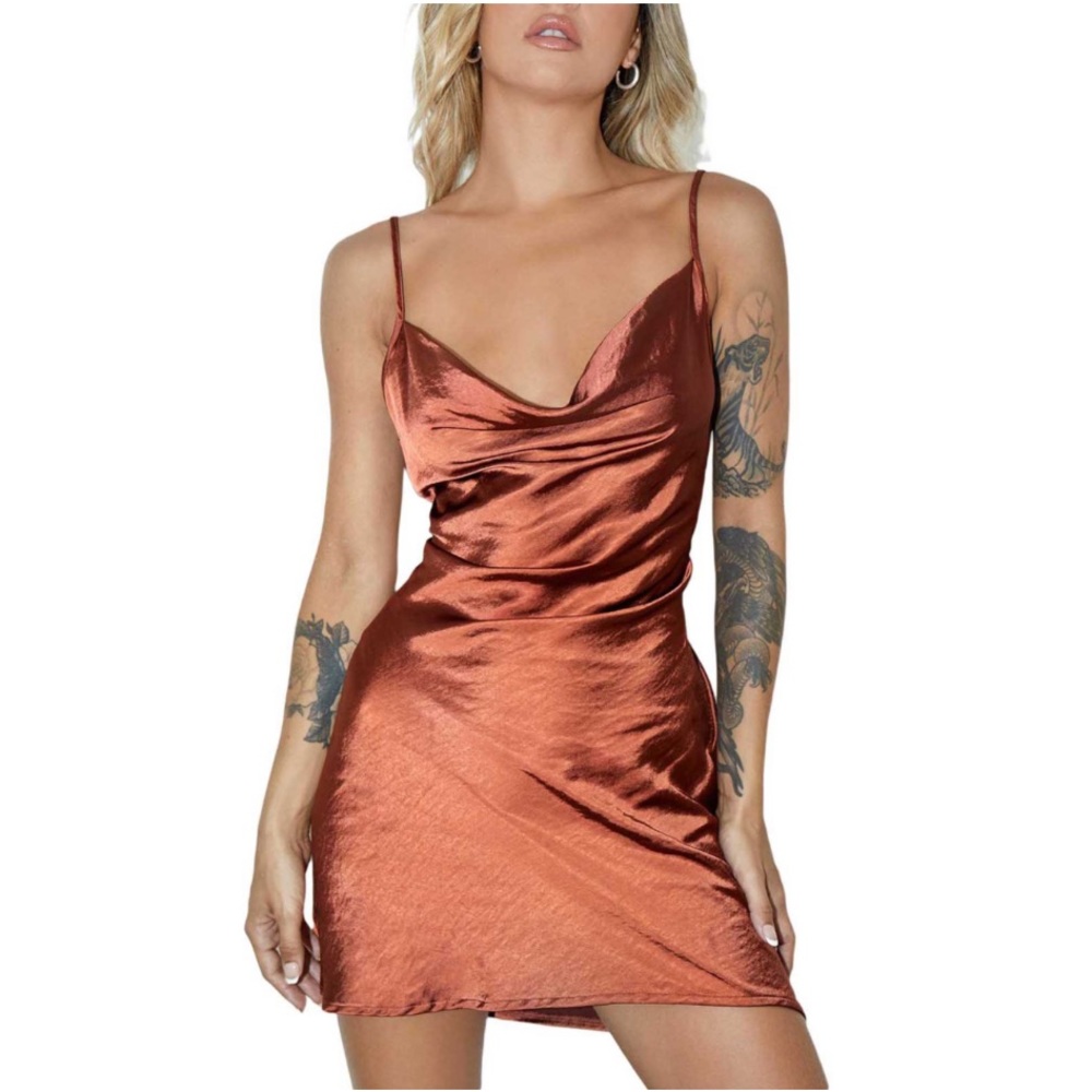 Cotton On Rust Orange Cowl Neck Satin Mini Slip Dress
